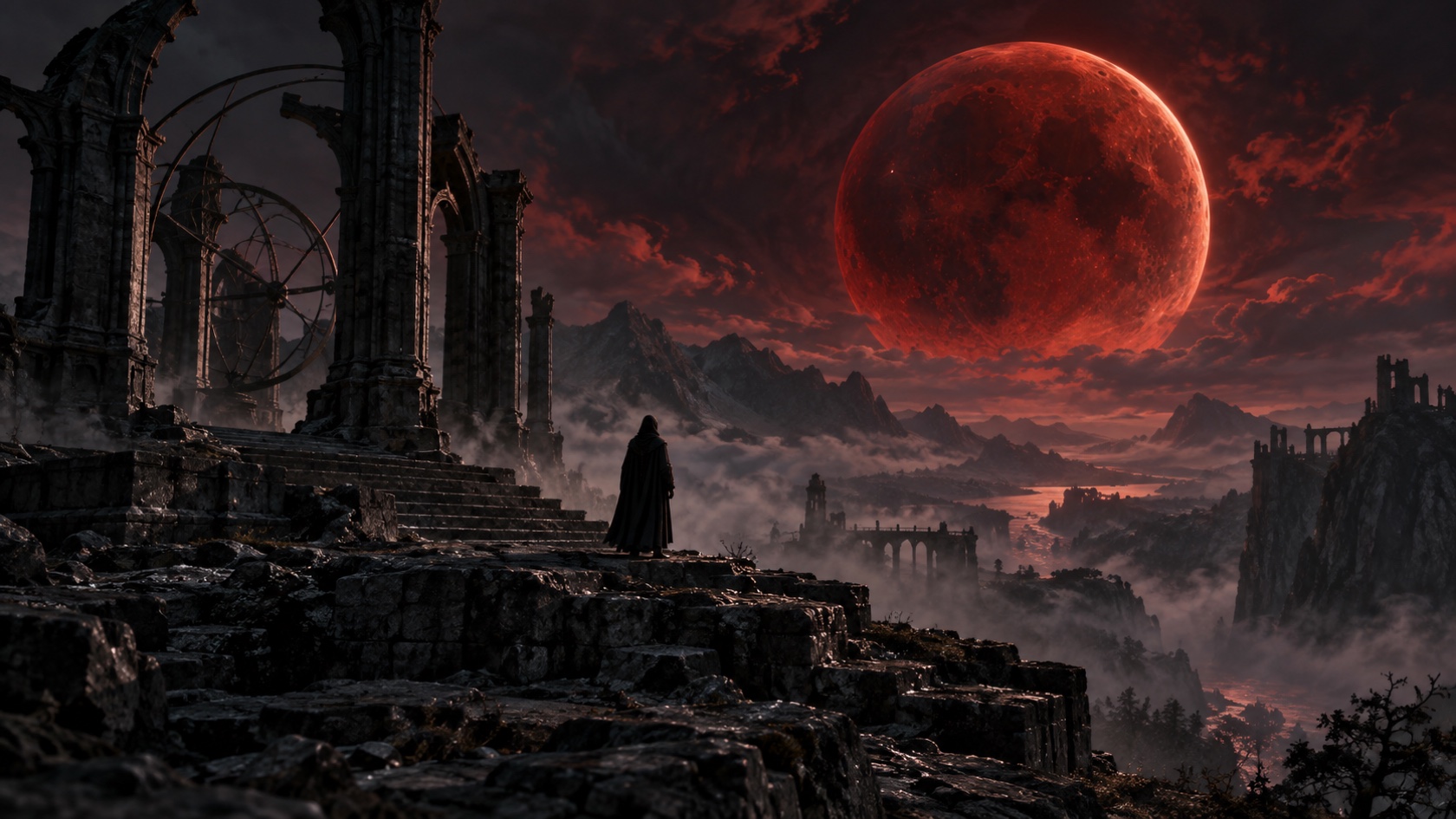 A cloaked figure watches a crimson moon above ancient mountain ruins