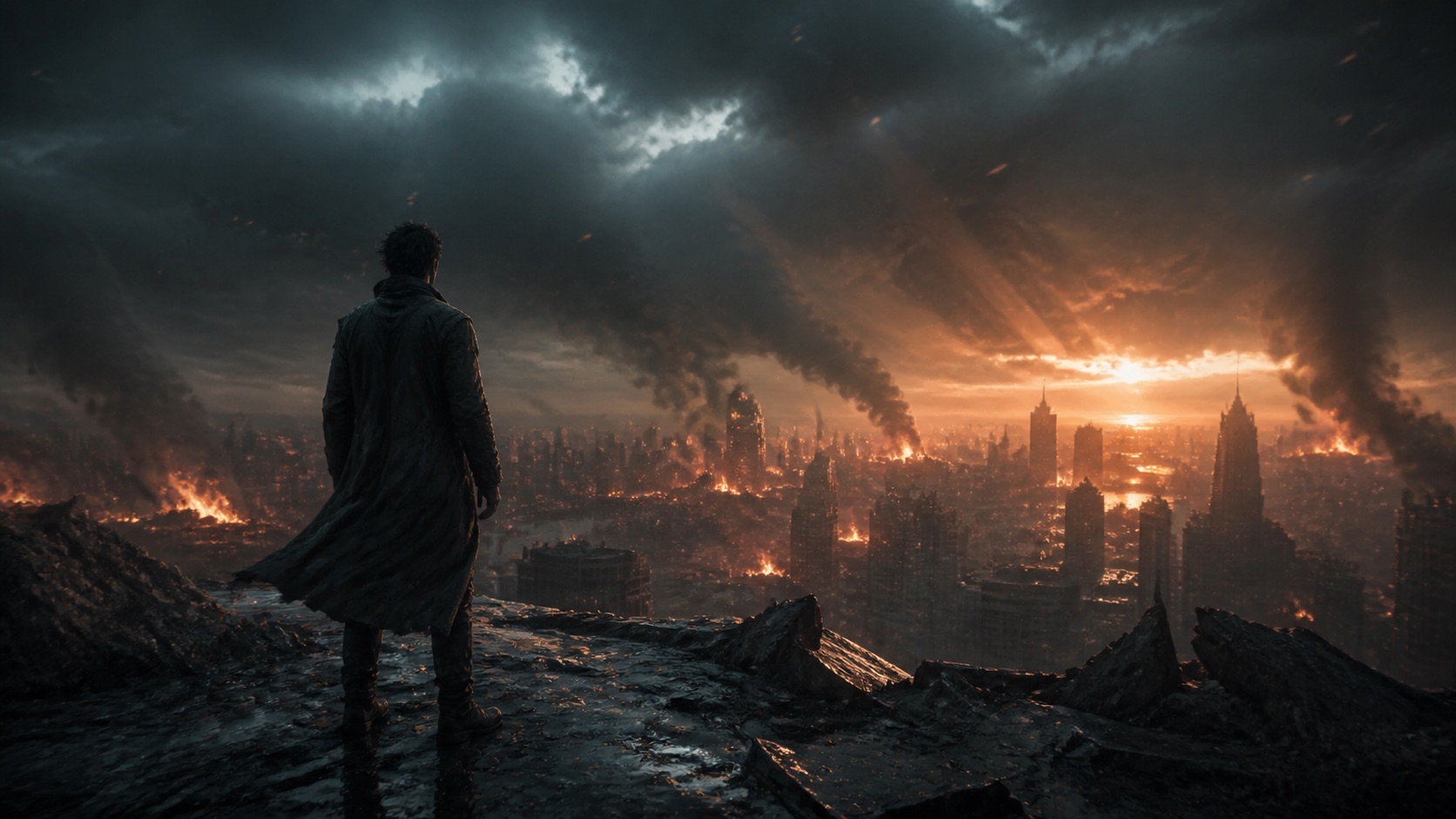 A lone hero surveys a city in flames beneath a storm