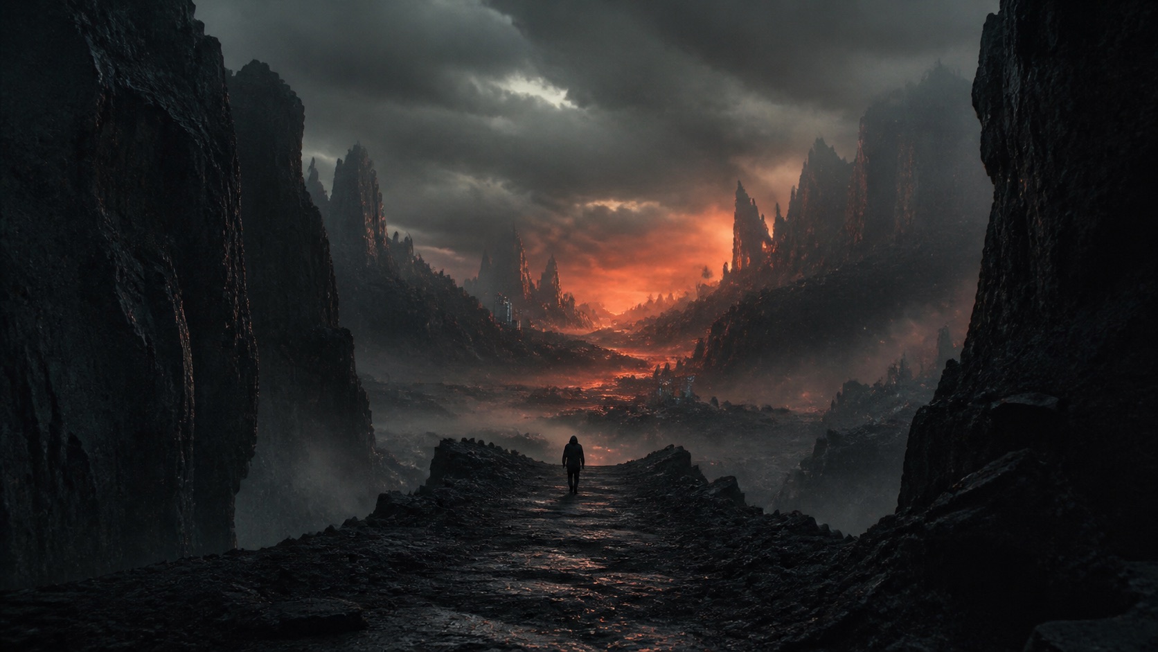 A lone figure walks into a vast dark volcanic canyon