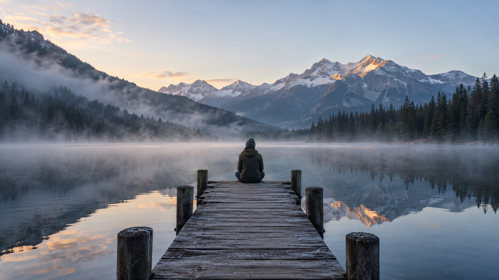 A solitary person sits beside a perfectly still mountain lake at dawn