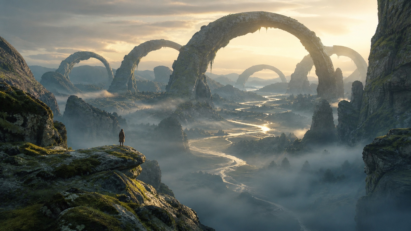 An explorer discovers a luminous valley beneath giant stone arches